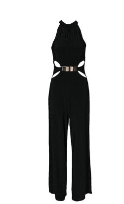 Fashionable black high-neck jumpsuit with flared pants and sling design