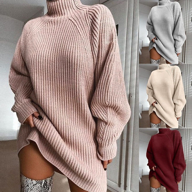 Solid turtleneck long sweater dress for women, warm and stylish