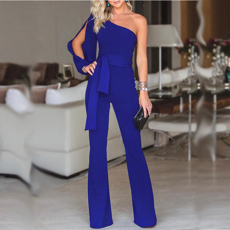 Ladies' high-waist slim jumpsuit with a chic one-shoulder design.