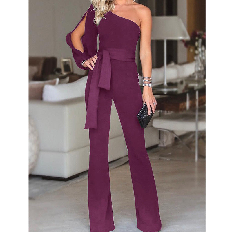Ladies' high-waist slim jumpsuit with a chic one-shoulder design.