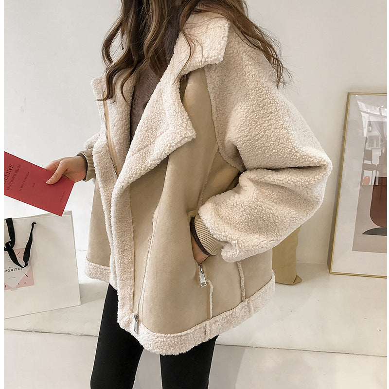 Stylish suede and lamb velvet women's short biker jacket