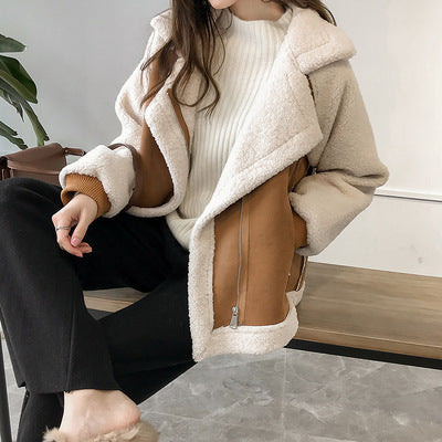 Stylish suede and lamb velvet women's short biker jacket