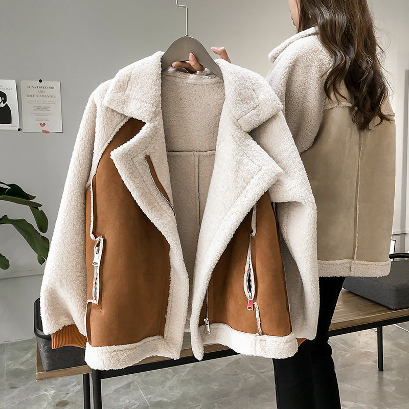 Stylish suede and lamb velvet women's short biker jacket