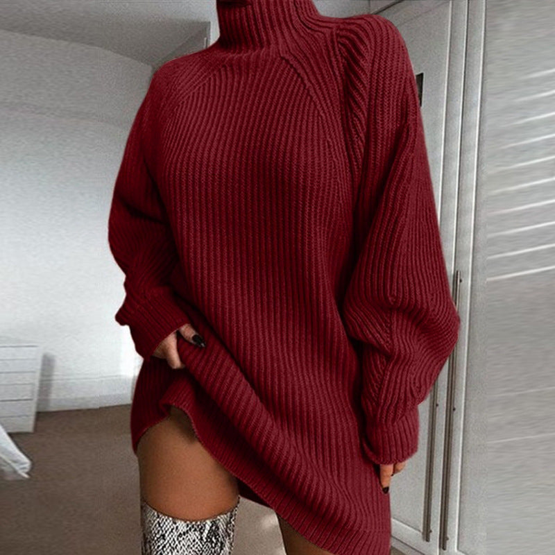 Solid turtleneck long sweater dress for women, warm and stylish
