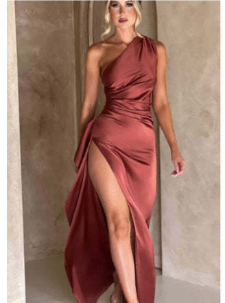 Elegant one-shoulder backless satin dress with side slit.