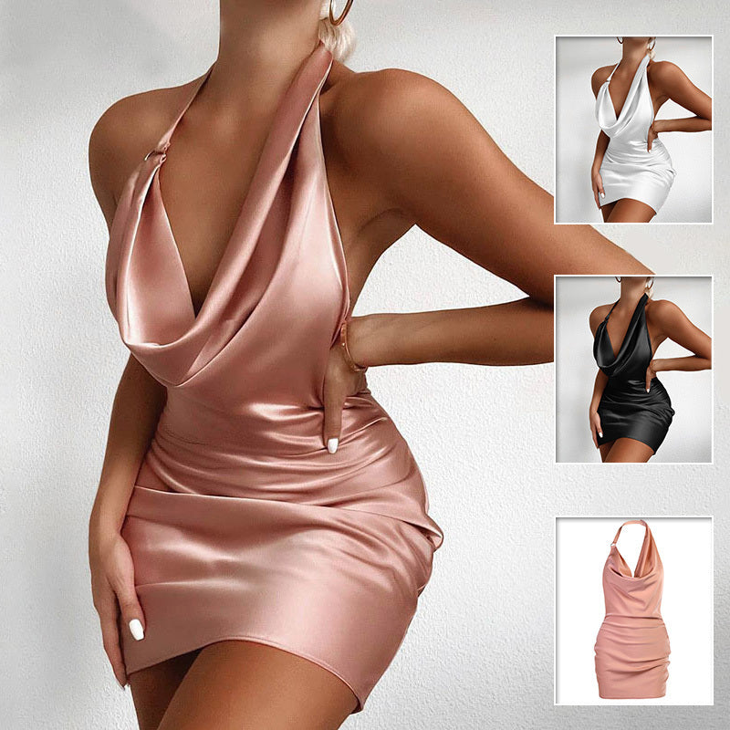 Satin V-neck backless mini dress, sleeveless and perfect for parties.