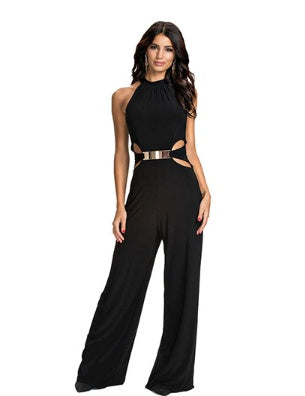 Fashionable black high-neck jumpsuit with flared pants and sling design