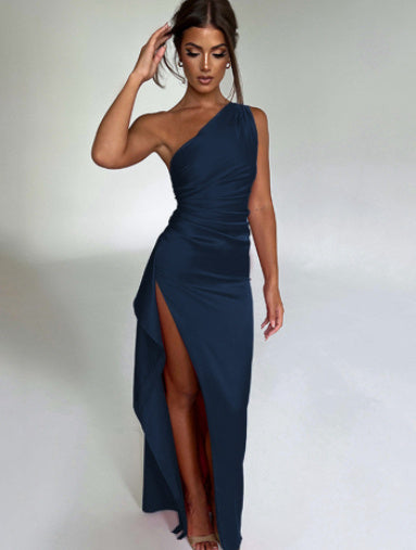 Elegant one-shoulder backless satin dress with side slit.
