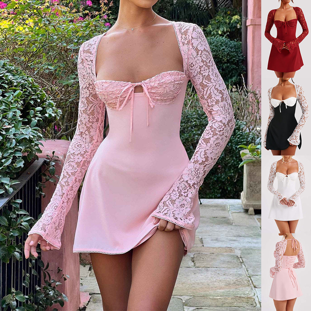 Sexy Y2K Backless Lace-Up Corset Dress with Long Sleeves