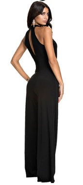 Fashionable black high-neck jumpsuit with flared pants and sling design
