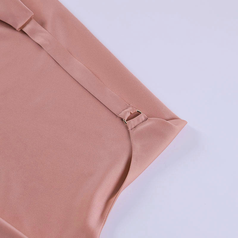 Satin V-neck backless mini dress, sleeveless and perfect for parties.
