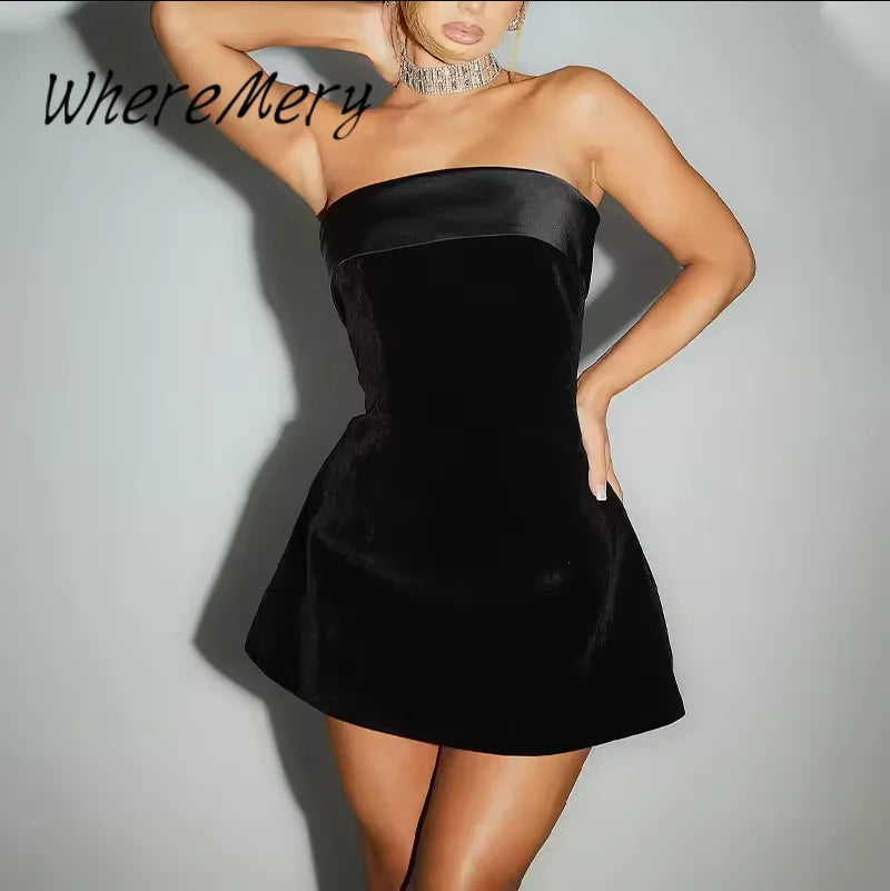 Elegant sleeveless slash-neck mini dress, sexy backless A-line design