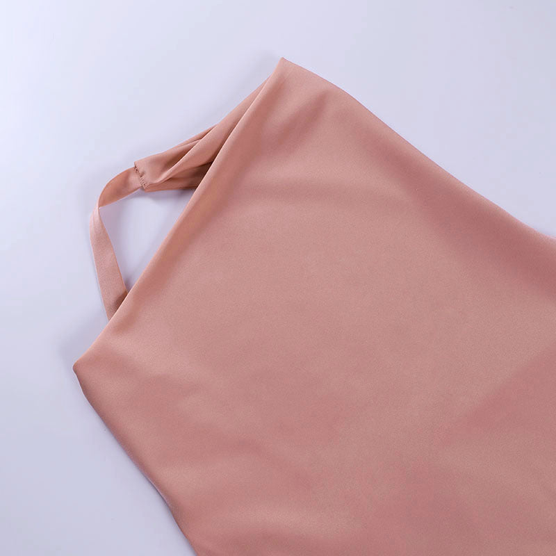 Satin V-neck backless mini dress, sleeveless and perfect for parties.