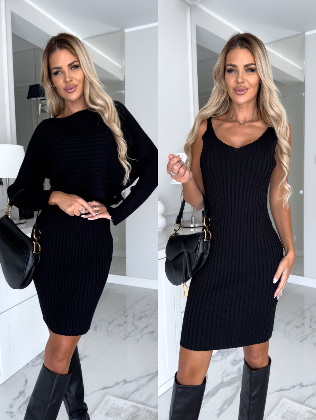 Chic 2-piece suit with a stylish striped top and tight suspender skirt.