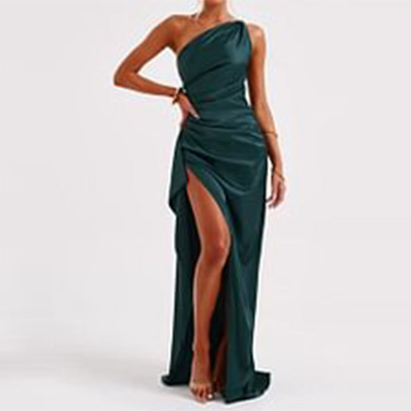 Elegant one-shoulder backless satin dress with side slit.