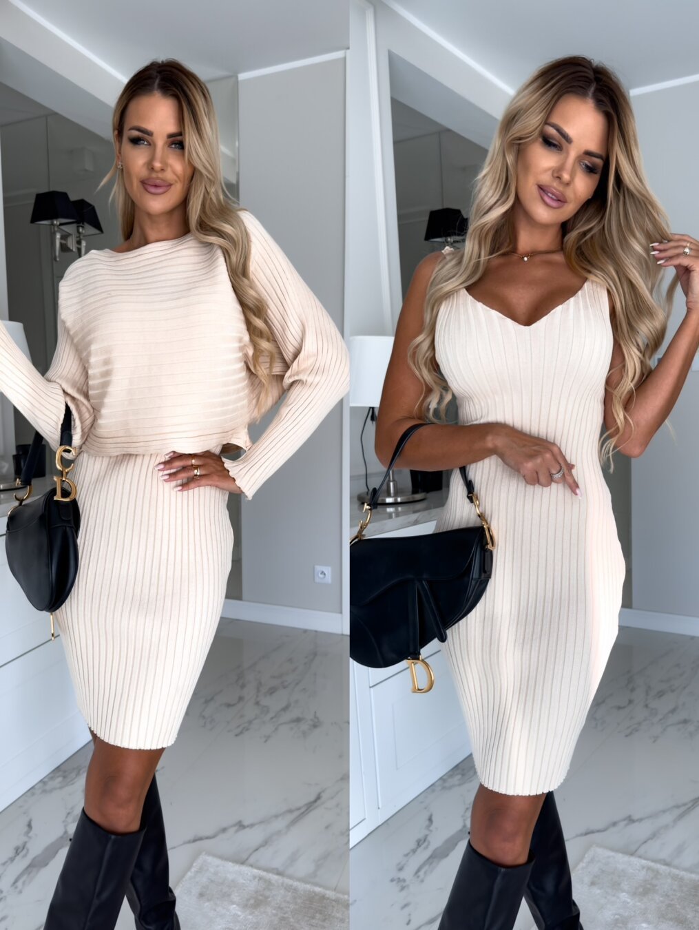 Chic 2-piece suit with a stylish striped top and tight suspender skirt.
