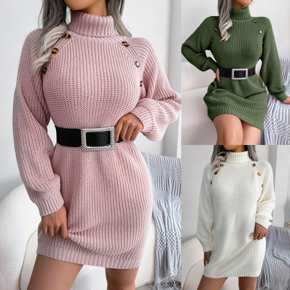 Winter turtleneck sweater dress with button details and long sleeves