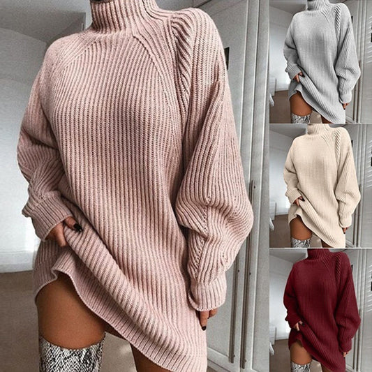 Solid turtleneck long sweater dress for women, warm and stylish