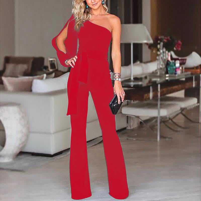 Ladies' high-waist slim jumpsuit with a chic one-shoulder design.