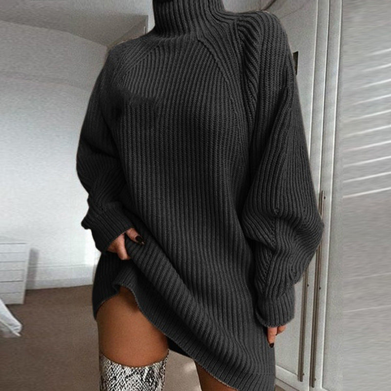 Solid turtleneck long sweater dress for women, warm and stylish