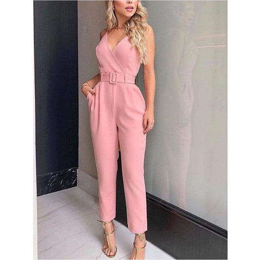 Solid color V-neck urban jumpsuit, casual yet effortlessly sexy