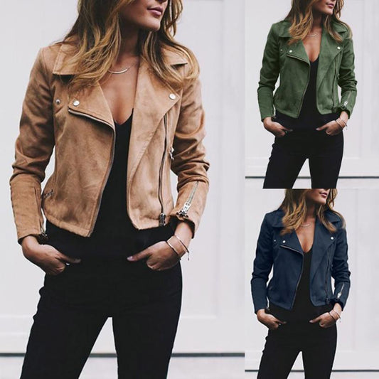 Lapel and Diagonal Zipper Short Women’s Jacket – Trendy & Chic